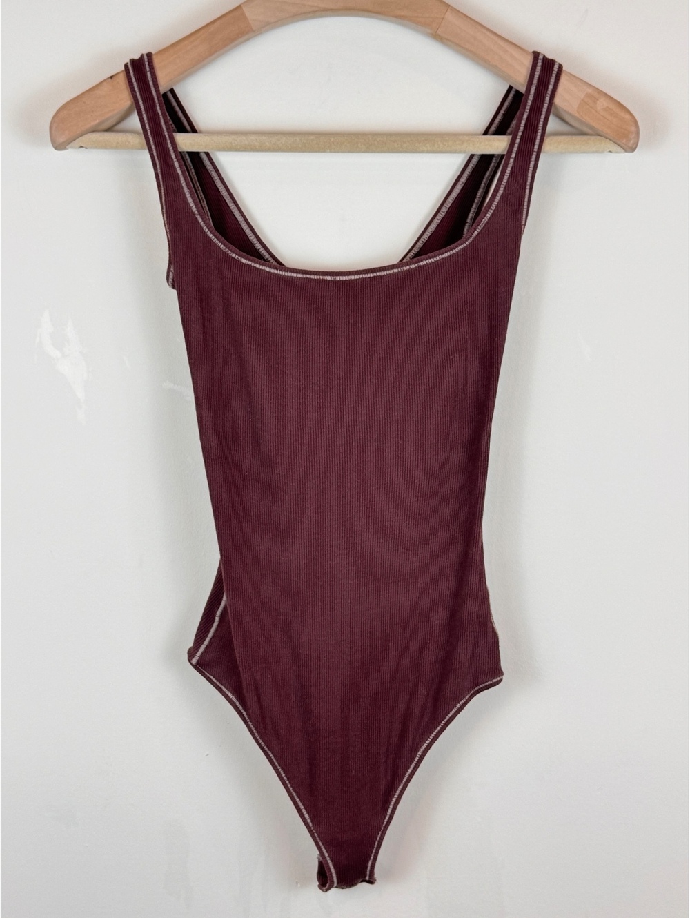 SKIMS Cotton Rib Bodysuit Chocolate Brown Scoop Neck Thong Size S